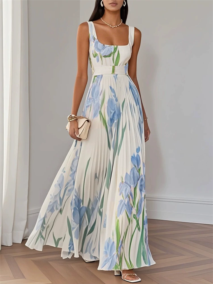 ‌Women's Summer Elegant Floral Print Pleated Square Neck Maxi Dress‌