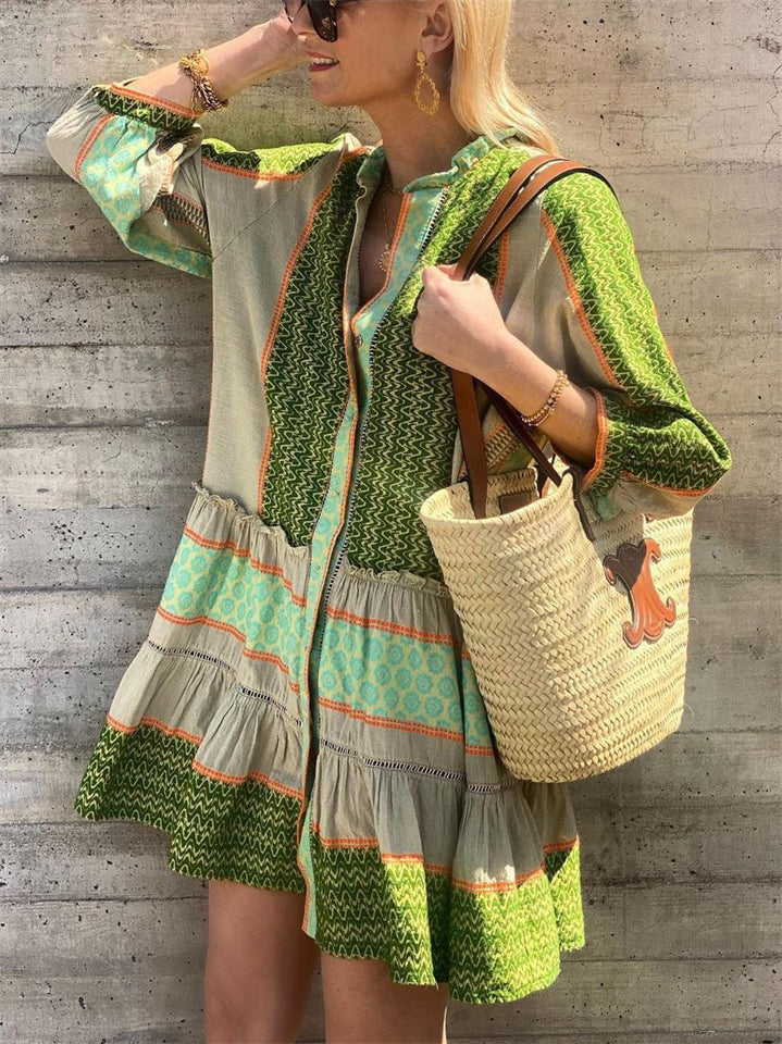 Women's Summer Green Print Patchwork 3/4 Sleeve Dress