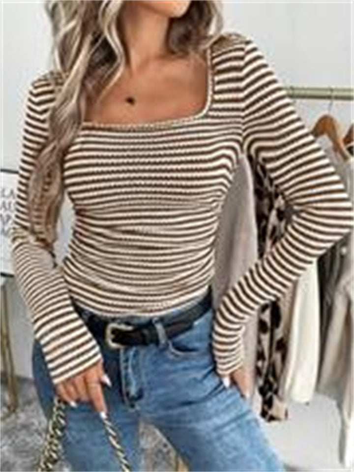 Women's Square Neck Striped Slim Fit Long Sleeve T-Shirts