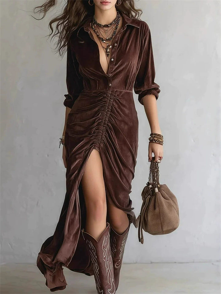 ‌Women's Vintage Brown Sexy Velvet Buttons Pullover Split Dress