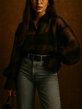 Women Black Sheer Lantern Sleeve Button Down Blouse Shirt