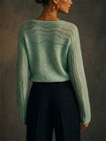Womens Sequin Pointelle Knit Sweater Fuzzy Open Work Top