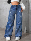‌Women's Streetwear High Waist Embellished 3D Bow Rhinestone Wide Leg Denim Pants