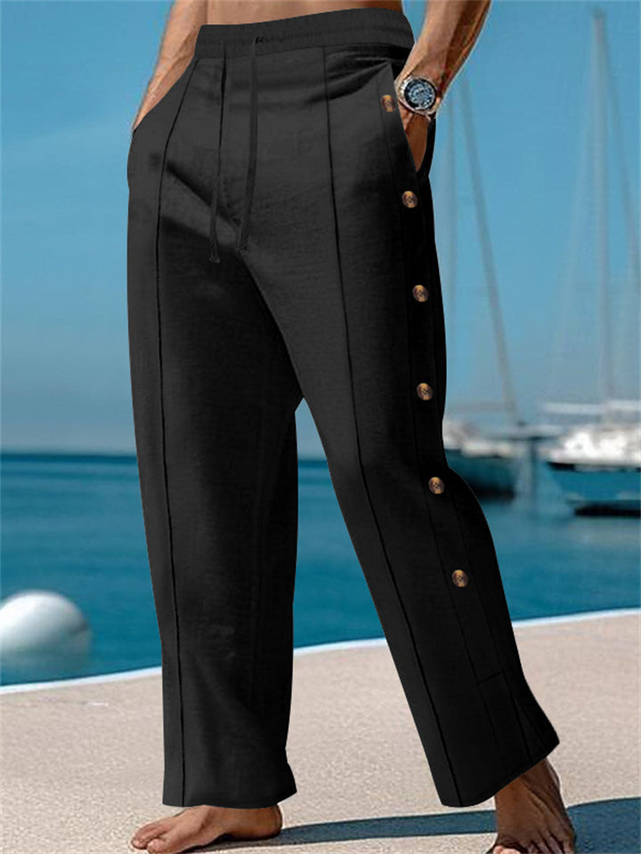 Men's Casual Solid Color Drawstring Side Buttons Pants