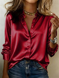 Women's Casual Satin Long Sleeve Button Up Office Blouses