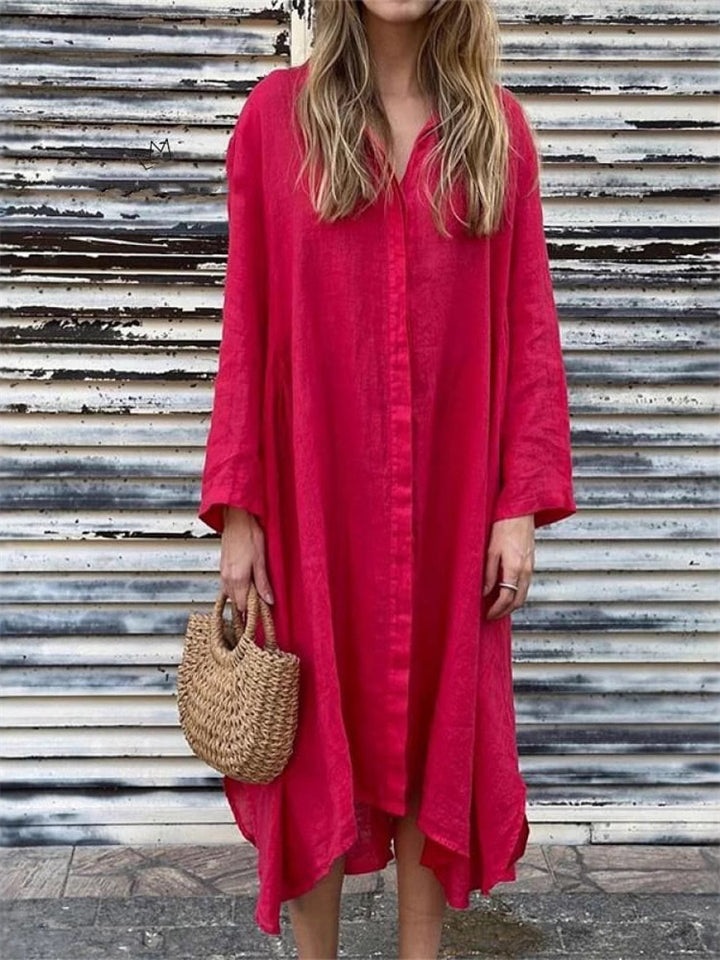 Women's Summer Loose Solid Color Button Up Long Sleeve Shirt Dress