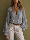 Womens Lace V Neck Lantern Sleeve Boho Ruffle Blouse