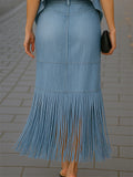 Women's Summer 2Pcs Stylish Blue  Asymmetrical Denim Top & Fringed Skirt Set