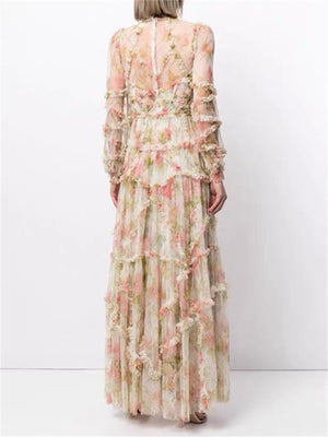 Elegant Mesh Puff Sleeve Flowy Flower Print Dress for Women