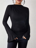 Women's Solid Color Pleated Flared Sleeve Stand Collar Slim Fit Shirt