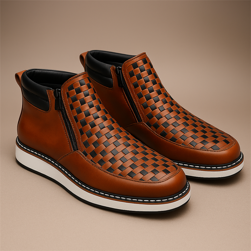 Men's Hand-Woven Side Zipper PU Leather High-Top Boots