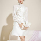 Women's White Long Sleeve Semi High Neck Patchwork Dress