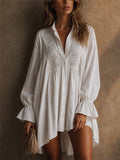 Womens White Cotton Blend Boho Puff Sleeve Lace Shirt Dress