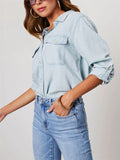 Women's Blue Single Breasted Lapel Denim Blouses