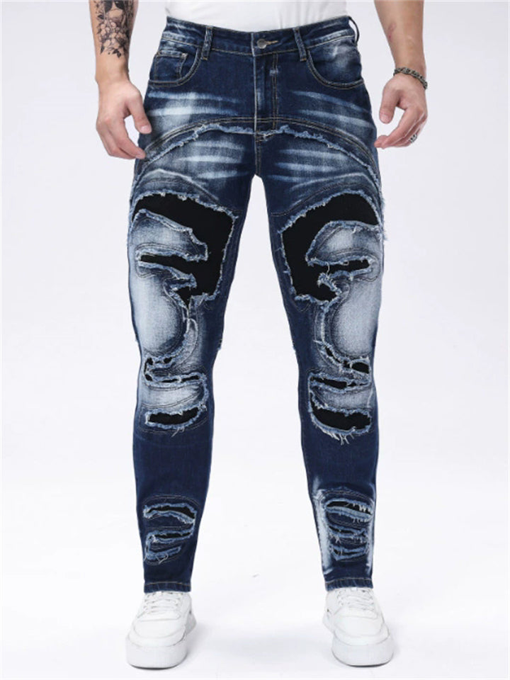 Men's Slim Fit Distressed Ripped Jeans with Patches for Casual Daily Wear