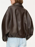 Women's Trendy Solid Color Zip Up Lapel Faux Leather Bomber Jackets