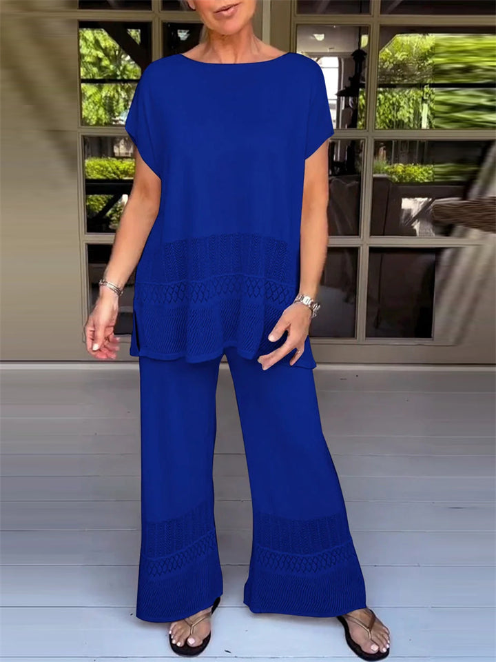 Women's Solid Color Loose Hollow Short Sleeve Shirt & Pants Set