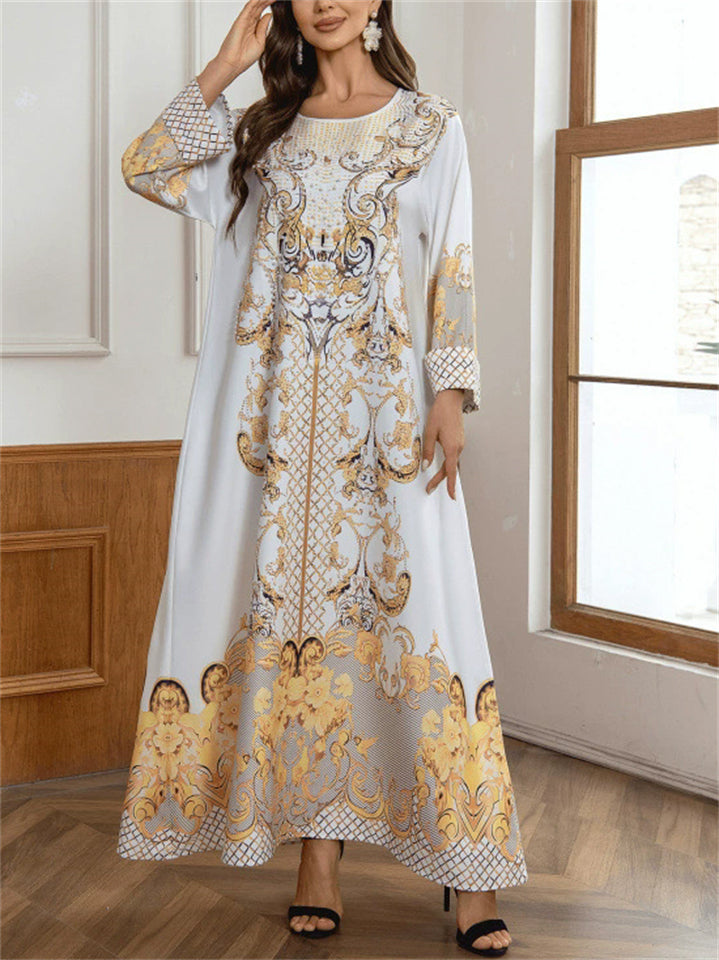 Women's Yellow Printed Beads Round Neck Muslim Robe Dress