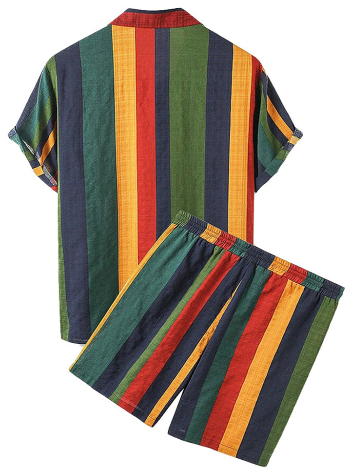Men's 2Pcs Contrast Color Striped Beach Lapel Short Sleeve &Short Set