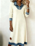 ‌Women's White Denim Patchwork Lapel Long Dress