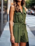 Women's Summer Solid Color Tie-waist Sleeveless Cargo Jumpsuits