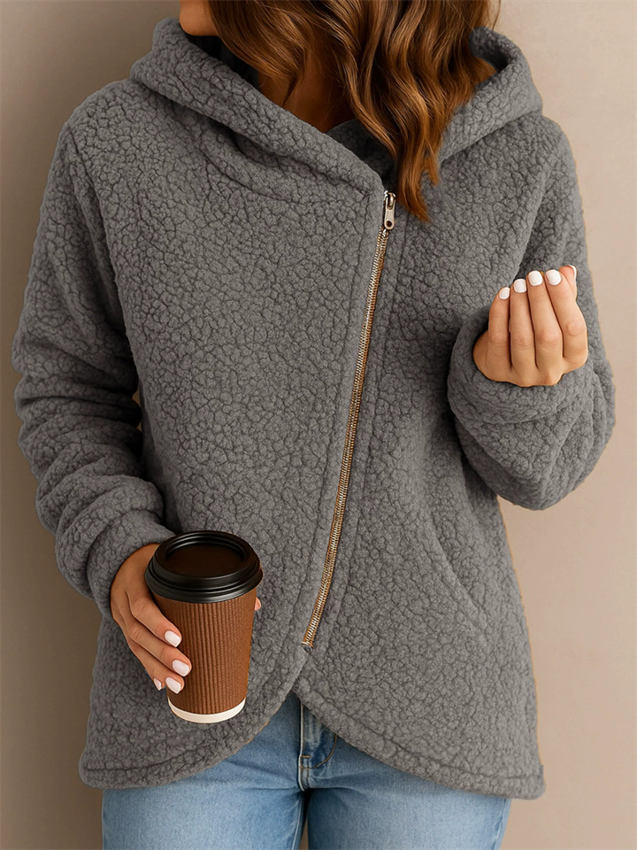 Women's Solid Color Long-sleeved Zip Up Asymmetric Hooded Fleece Coats
