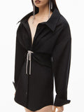 Women's Solid Color V-Neck Tie Waist Lapel Blouses