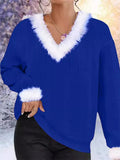 ‌Women's  V Neck Pullover Faux Fur Trim Sweater‌s