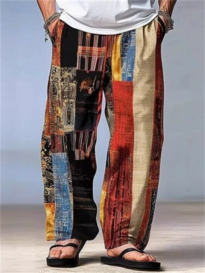 Men's Casual Contrast Color Holiday Style 3D Printed Drawstring Beach Pants