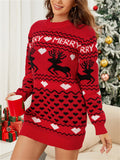 Women's Red Elk Jacquard Long Sleeve Sweater Mini Dress