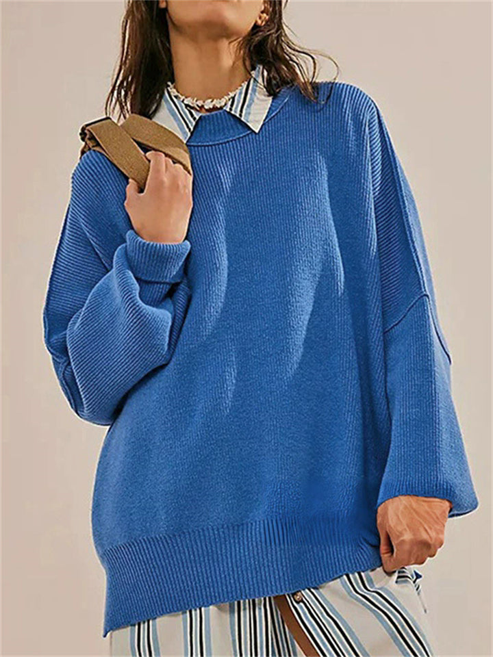 Women's Autumn Batwing Round Neck Side Slit Pullover Sweaters
