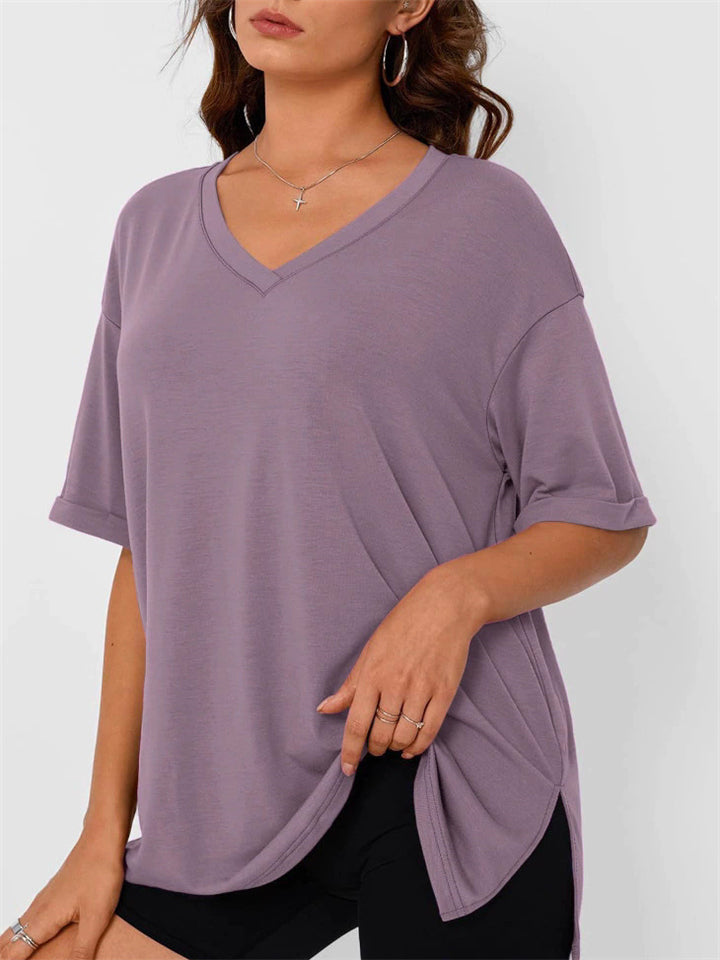Women's Trendy Summer Solid Color Pullover Split Hem Shirts