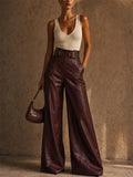 Women Faux Leather High Waist Wide Leg Belted Flared Pants