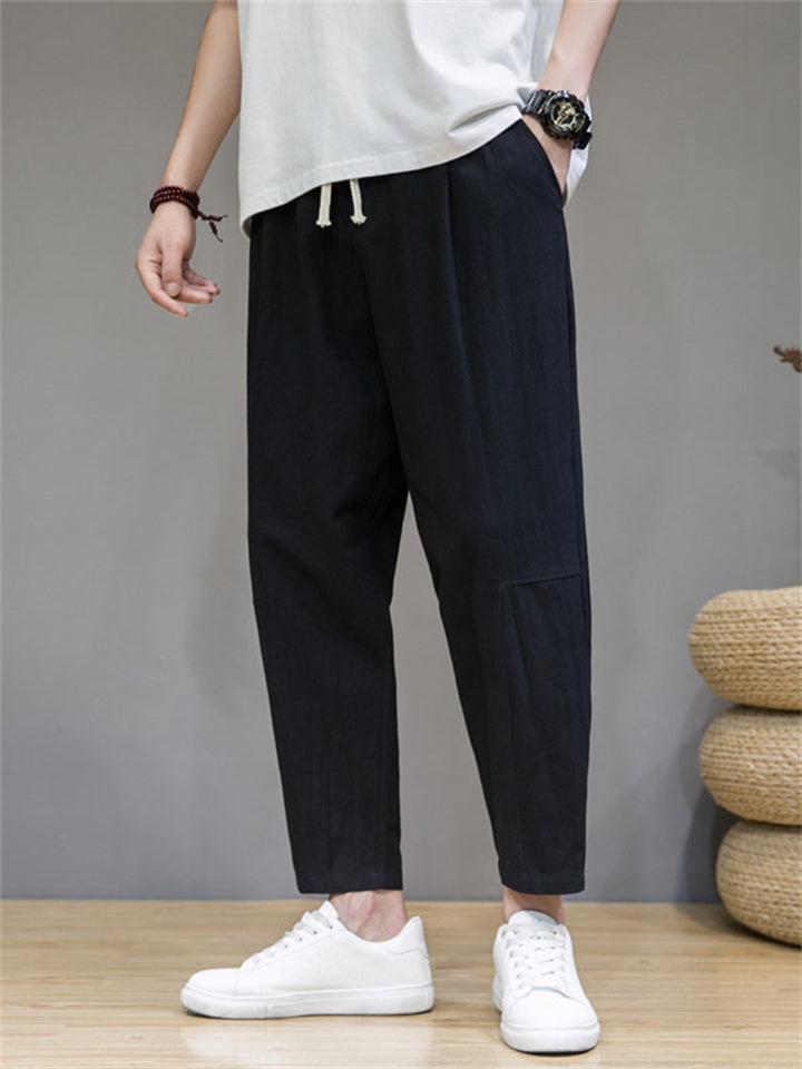 Chinese Style Summer Solid Color Cotton Blend Loose Pants for Men