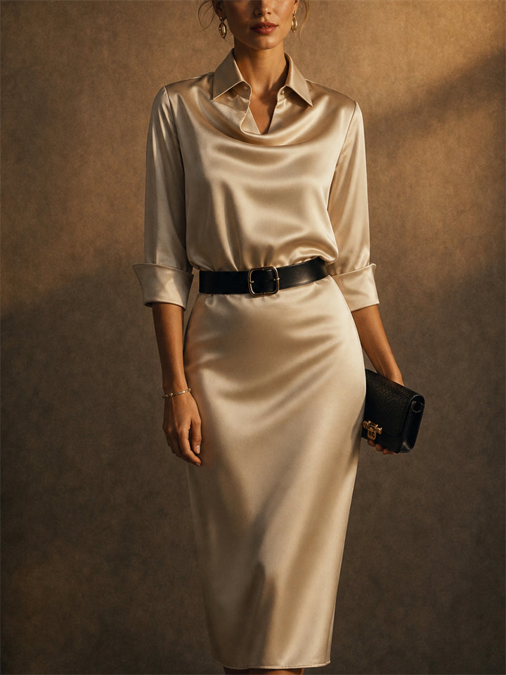 Women Champagne Satin Cowl Neck Belted Shirt Midi Dress