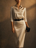 Women Champagne Satin Cowl Neck Belted Shirt Midi Dress