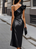 Women's Black Solid Color Asymmetric Shoulder Strap Split Dress