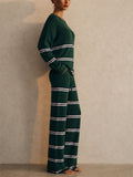 Women Striped Ribbed Knit 2 Piece Sweater Wide Leg Pants Set