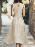 Women's Solid Color Holiday Style Sleeveless Pockets V Neck Dress