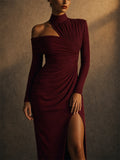 Women Ruched High Neck Asymmetric Slit Bodycon Dress