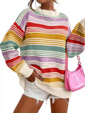 Women's Autumn Loose Rainbow Color Striped Round Neck Sweaters