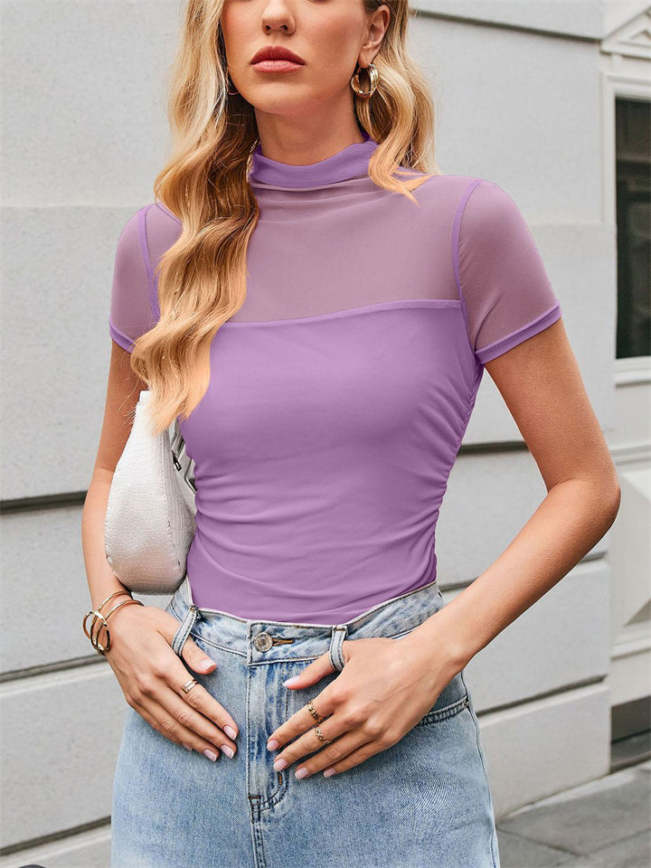 Women's Sexy Solid Color Mesh Patchwork High Neck Shirts