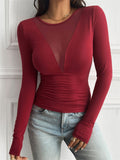 Women's Sexy Patchwork See-through V Neck Long Sleeve Undershirts