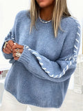 Women's Simple Contrast Trim Round Neck Drop Shoulder Sweater