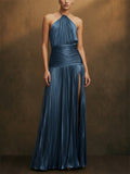 Women Metallic Pleated Halter Backless Slit Maxi Dress
