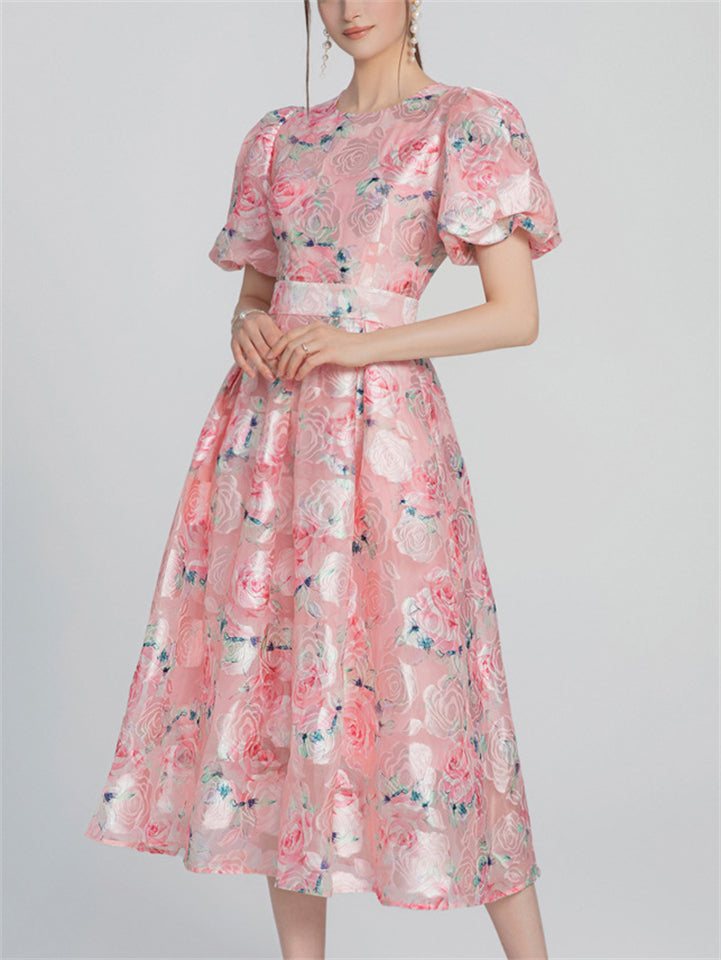 French Style Elegant Pink O-Neck Floral Jacquard Midi Dress For Women