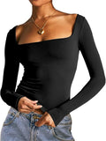‌Women's Comfy Simple Square Neck Long Sleeve Slim Fit Cropped Top‌