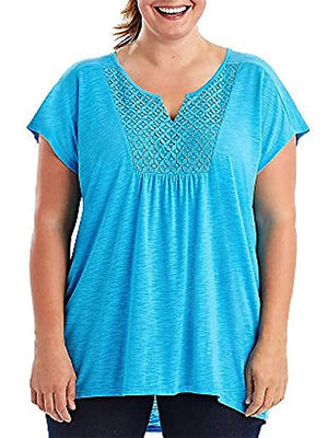 Plus Size Women's Summer Solid Color Big Hem V Neck T-Shirt