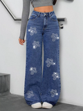 ‌Women's Streetwear Embellished 3D Floral Rhinestone Wide Leg Denim Pants
