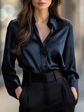 Women's Autumn Elegant Long-sleeved V Neck Lapel Button-up Blouses